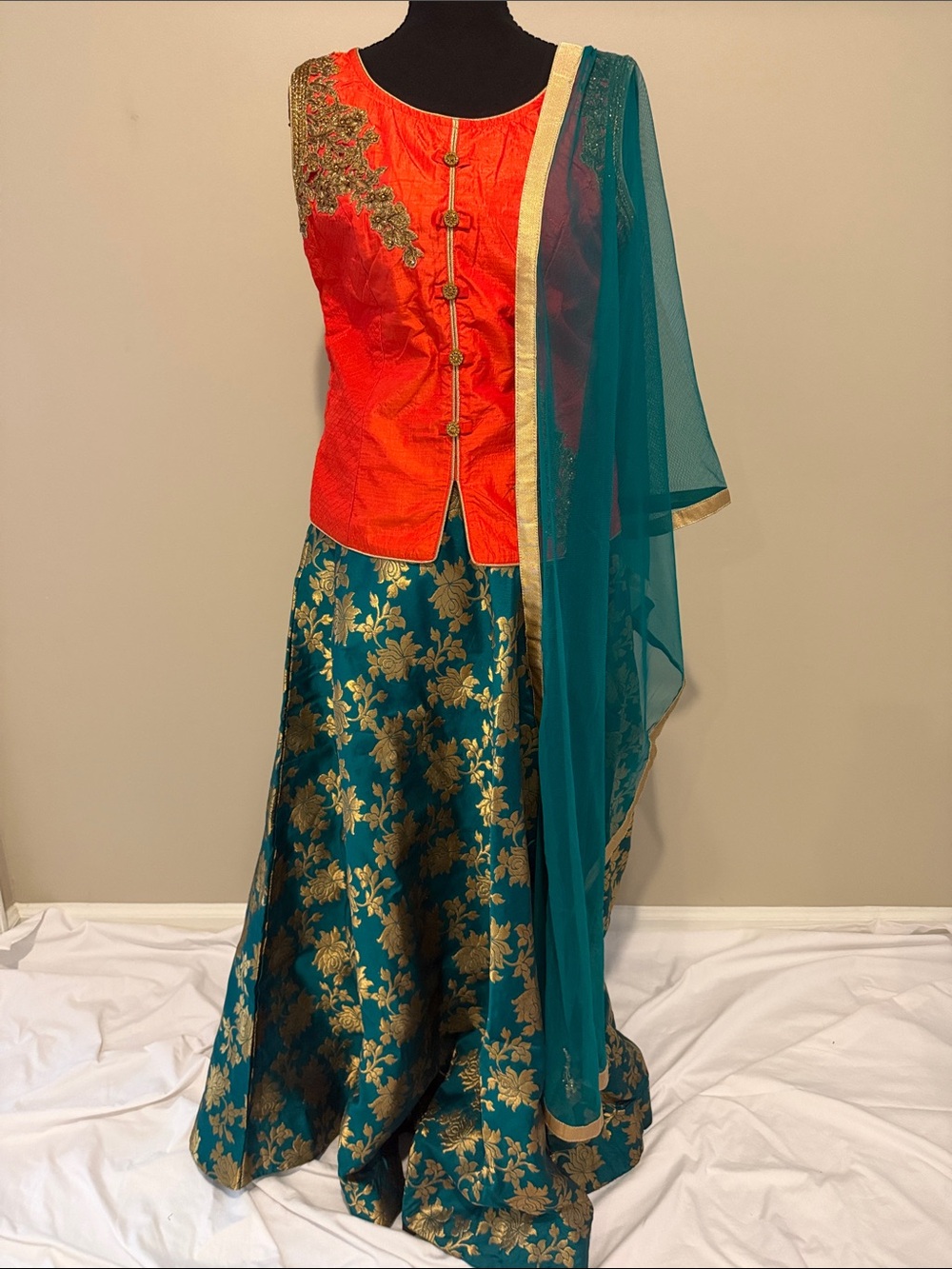 Teal and Orange Floral Brocade A-Line Skirt Set Lehenga